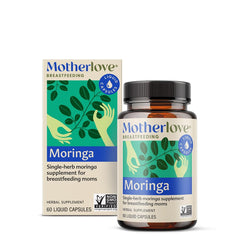 Motherlove Moringa bottle front with organic herbs for lactation support