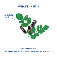 Motherlove Moringa capsules closeup highlighting vegan, organic herbal formula