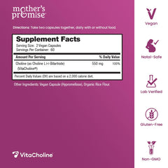 Close-up of Mother's Promise Prenatal Choline capsules for daily prenatal use