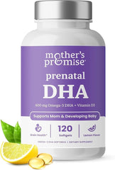 Mother's Promise Prenatal DHA bottle front with lemon flavored softgels for expectant moms