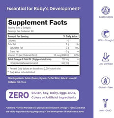Mother's Promise Prenatal DHA bottle label highlighting vitamin D3 and omega-3 content