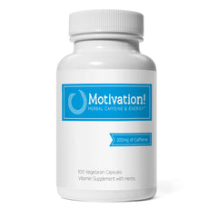 Motivation! herbal caffeine capsules in bottle for natural energy.