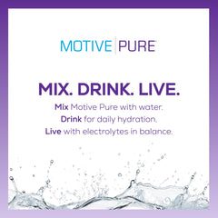 MOTIVE PURE grape electrolyte concentrate pouring into water for easy mixing.
