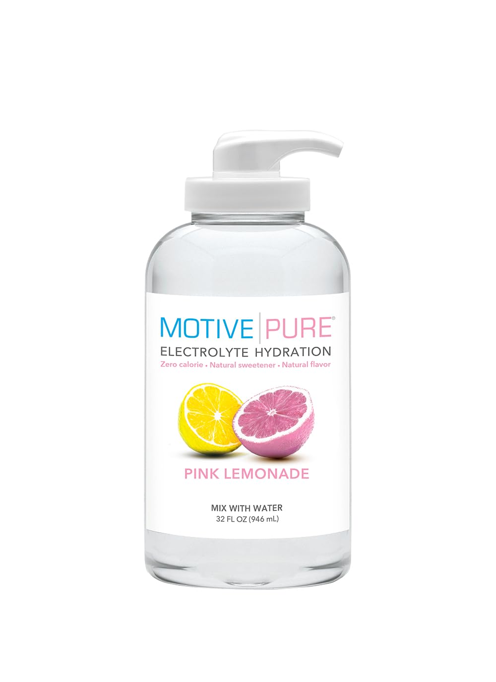 MOTIVE PURE pink lemonade bottle front for on-the-go hydration.