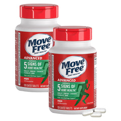 Move Free Advanced Plus MSM coated tablets in bottle for on-the-go joint comfort.
