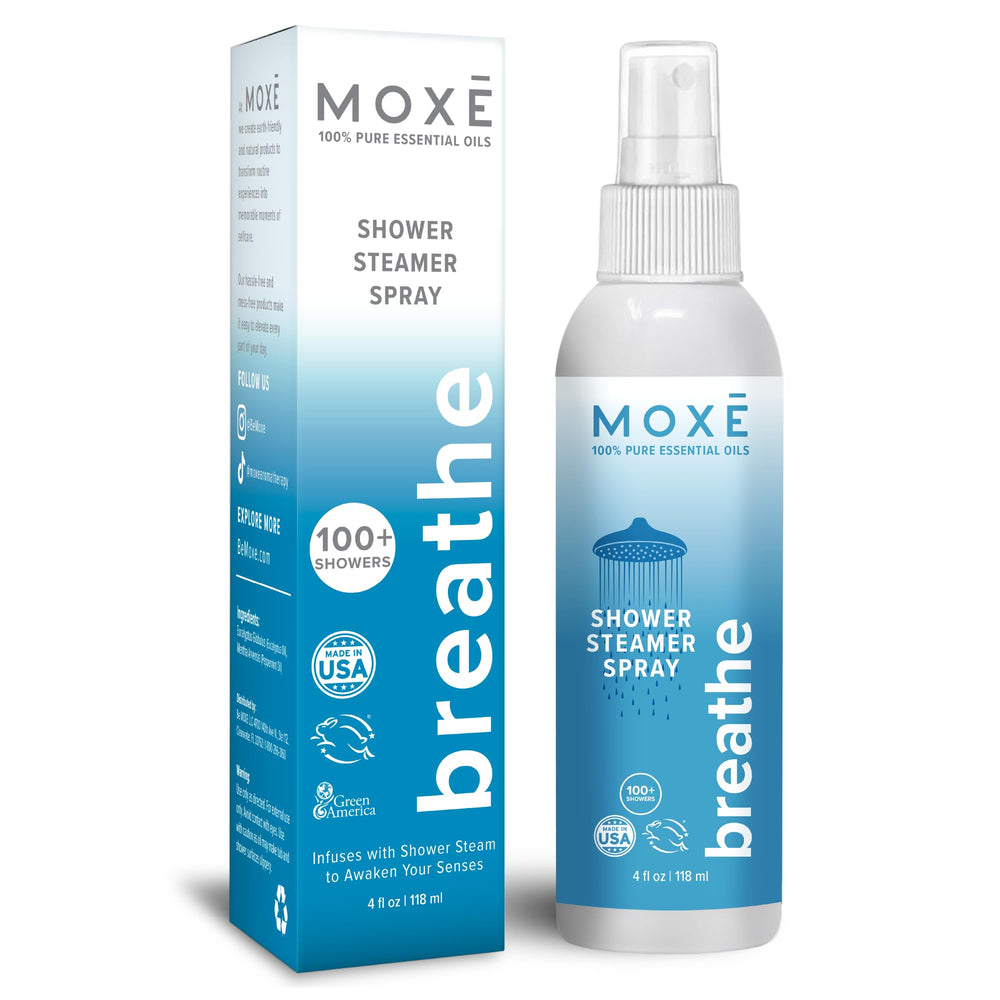 MOXE Breathe bottle on shelf with natural eucalyptus and peppermint oils.