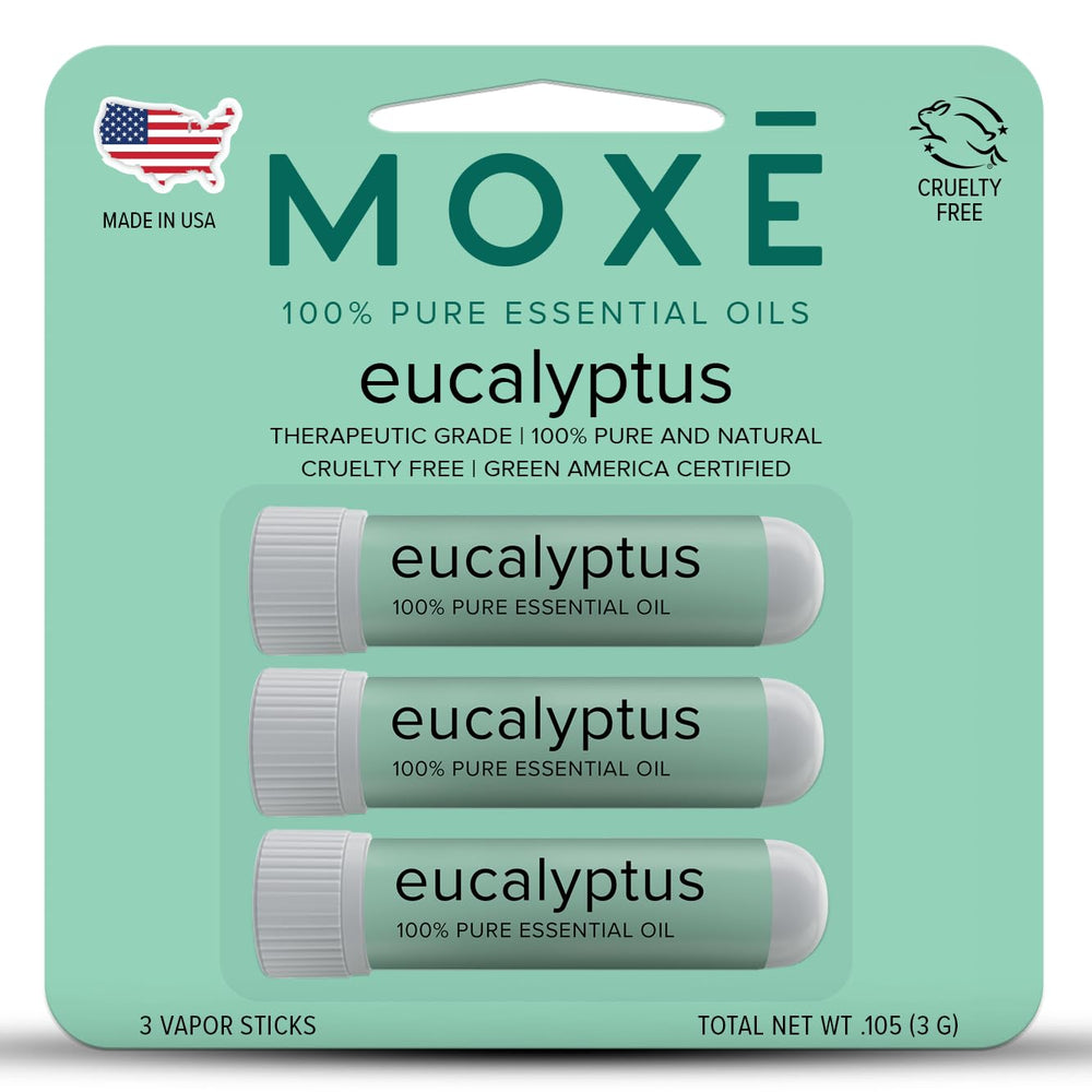 MOXĒ eucalyptus inhaler front packaging for quick, mess-free aromatherapy.