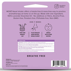 MOXĒ lavender inhaler held in hand demonstrates discreet, no-mess use.