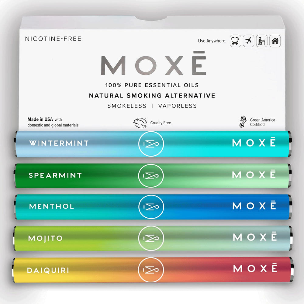 MOXE natural air inhaler 5-pack packaging shows compact travel-friendly design for on-the-go use.