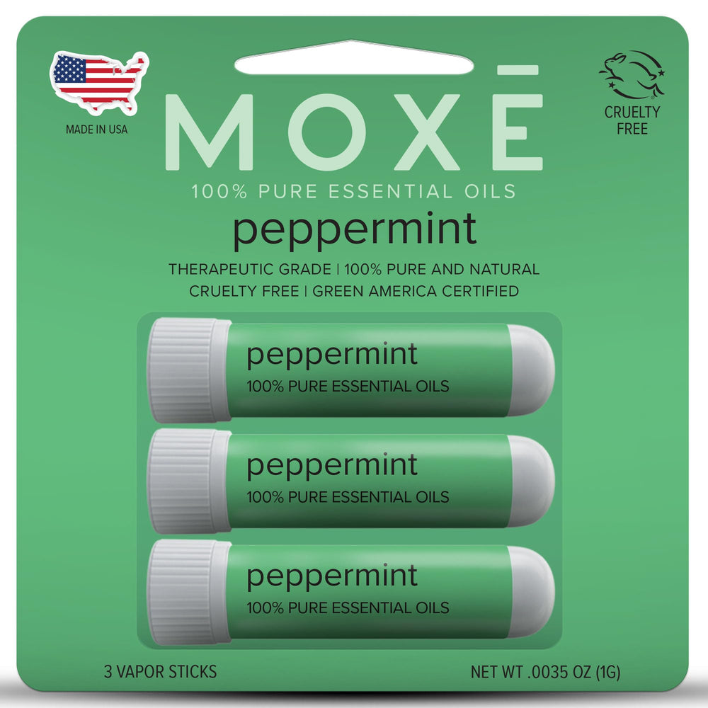 MOXĒ peppermint inhaler package shows pure essential oil, ready for travel