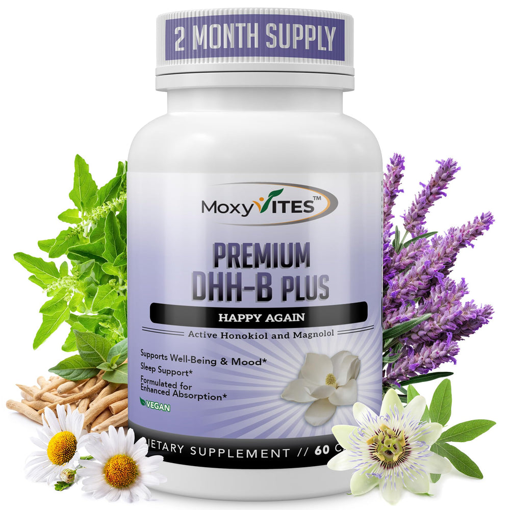 MoxyVites DHH-B bottle and capsules for vegan mood support.