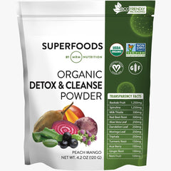 MRM Detox and Cleanse Peach Mango bottle showing organic formula for daily wellness