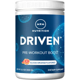 MRM Driven Pre-Workout blood orange tub shows vibrant flavor.