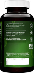 MRM Moringa Leaf Capsules close-up with moringa leaves for natural nutrition