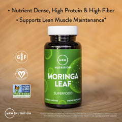 MRM Moringa Leaf Capsules packaging highlights vegan and gluten-free features for dietary needs
