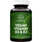 MRM Nuturition vegan D3 + K2 bottle with capsules, signaling daily calcium absorption support