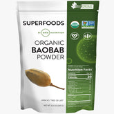MRM Organic Baobab Powder bottle label signals vegan, gluten-free credentials for clean daily nutrition.
