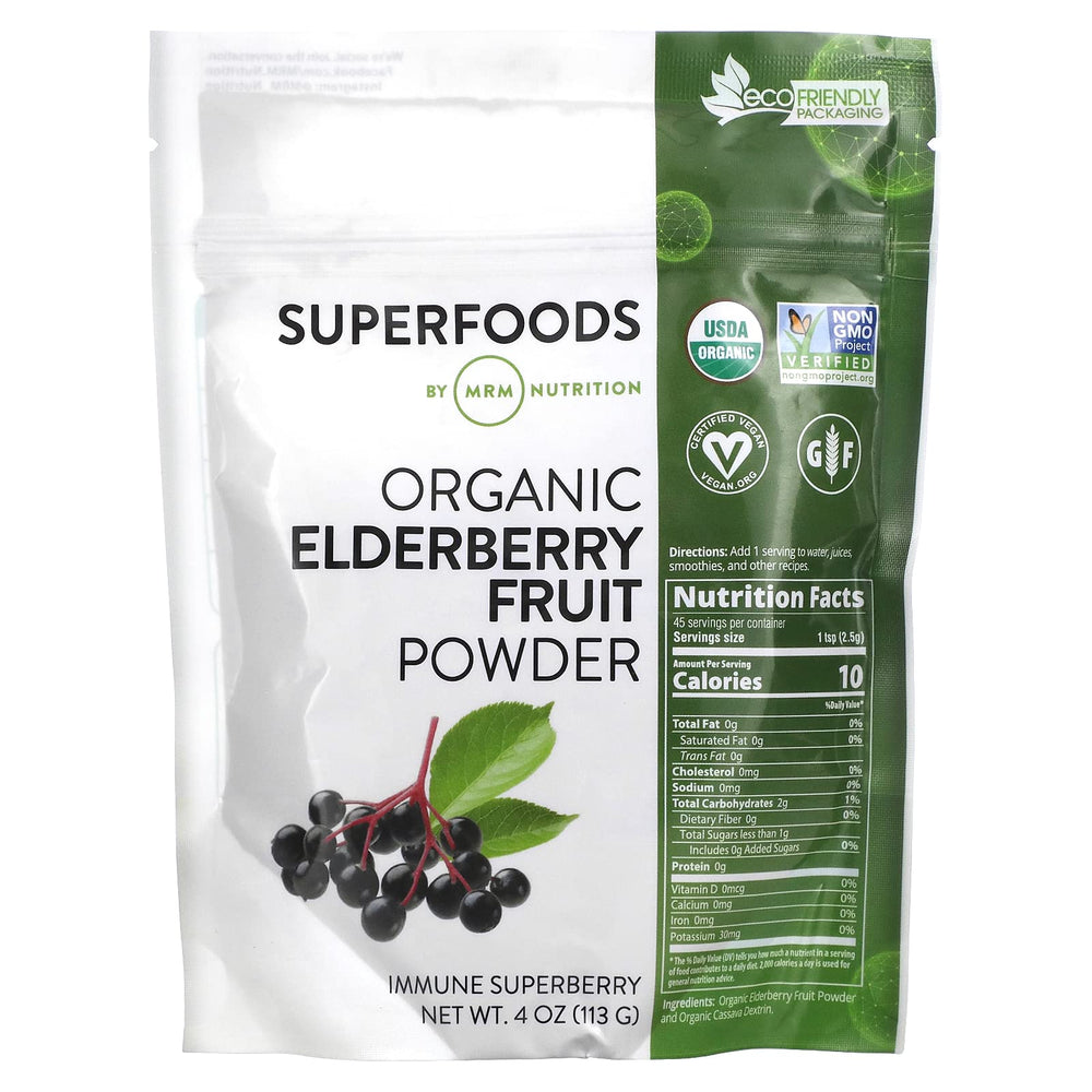 MRM Organic Elderberry Fruit Powder bottle ready to blend into smoothies for antioxidants.