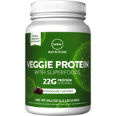 MRM Veggie Protein Powder chocolate bottle showing vegan protein source and gluten-free profile