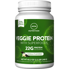 MRM Veggie Protein with Superfoods vanilla bottle highlighting complete amino acids and antioxidants.