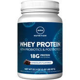 MRM Whey Protein Chocolate tub packaging highlights probiotic blend for gut health.
