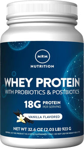 MRM Whey Protein Vanilla bottle illustrating high absorption and digestive support.