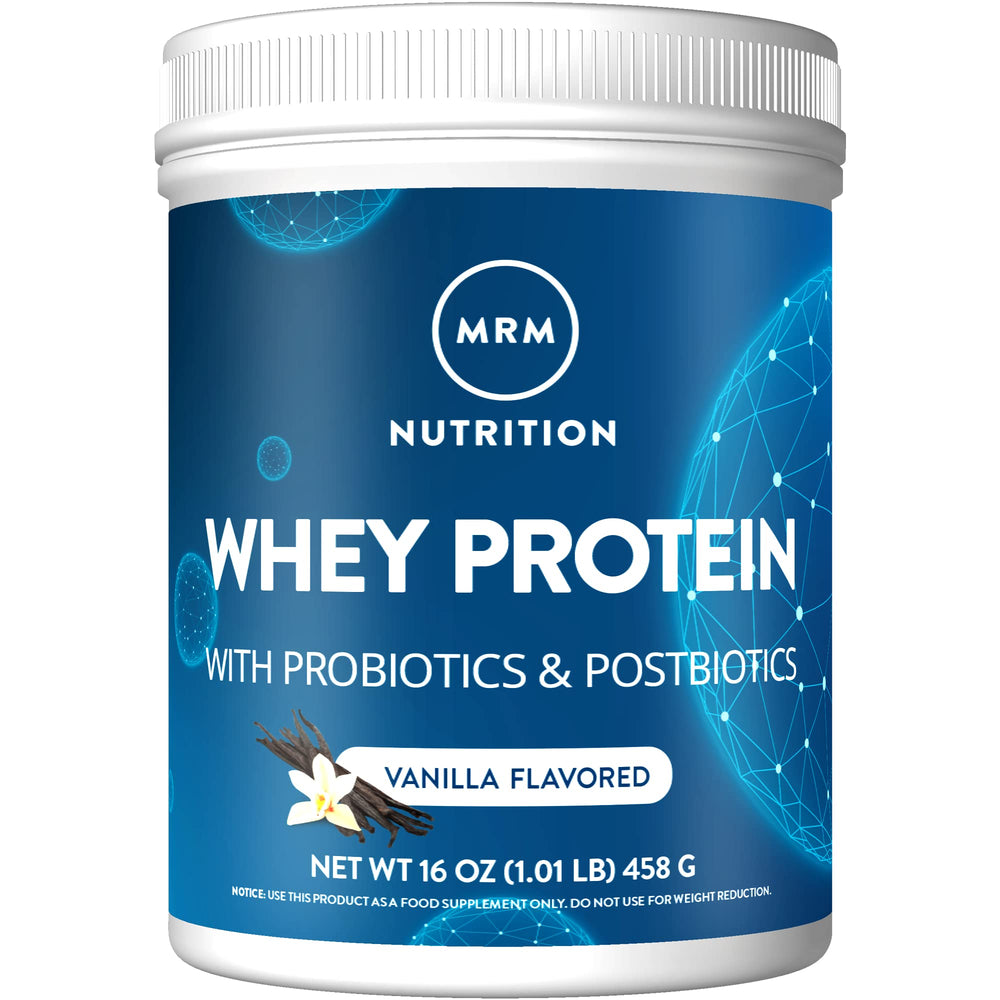 MRM Whey Protein Vanilla bottle highlights high absorption and probiotic blend.