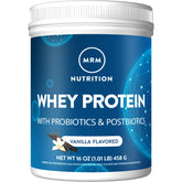 MRM Whey Protein Vanilla bottle highlights high absorption and probiotic blend.