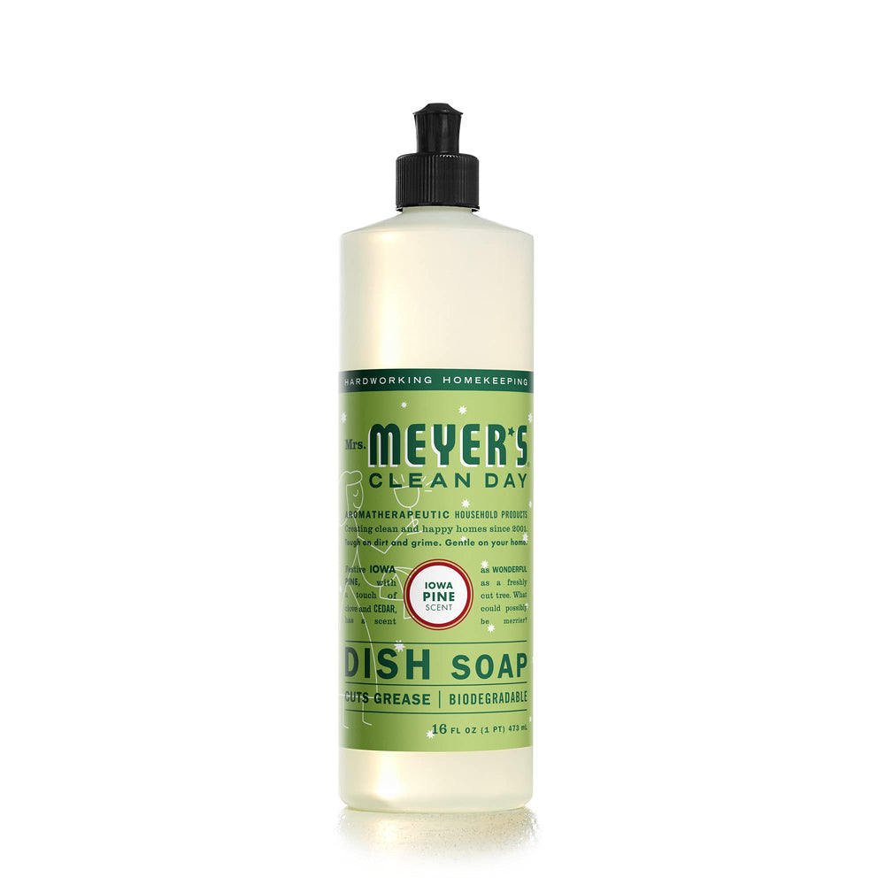 Mrs. Meyer's Clean Day Iowa Pine bottle on the counter with pine scent and grease-cutting potential.