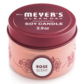 Mrs. Meyer's Rose Tin Candle offers a bright rose fragrance for a welcoming room.