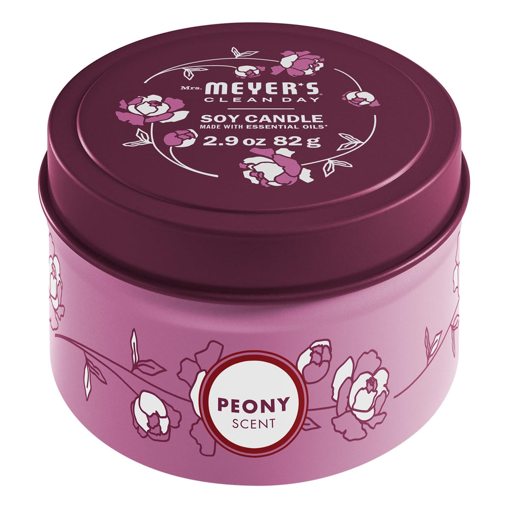 Mrs. Meyer's Clean Day soy tin candle peony label highlighting garden-inspired scent