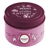 Mrs. Meyer's Clean Day soy tin candle peony label highlighting garden-inspired scent