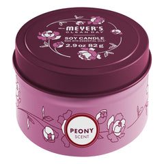 Mrs. Meyer's Clean Day soy tin candle peony label highlighting garden-inspired scent