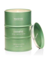 M&SENSE Jasmine candle tin close-up with warm glow for long-lasting aroma.