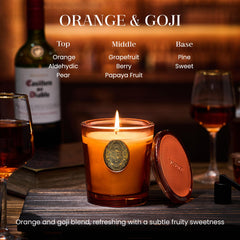 MSENSE orange goji candle vessel sits elegantly on a shelf