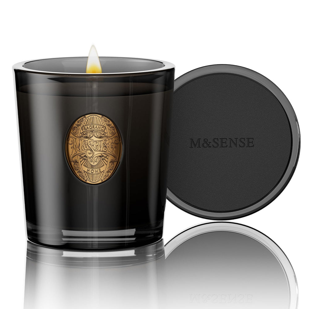 M&SENSE natural soy candle crisp chill close-up with warm glow for relaxation.