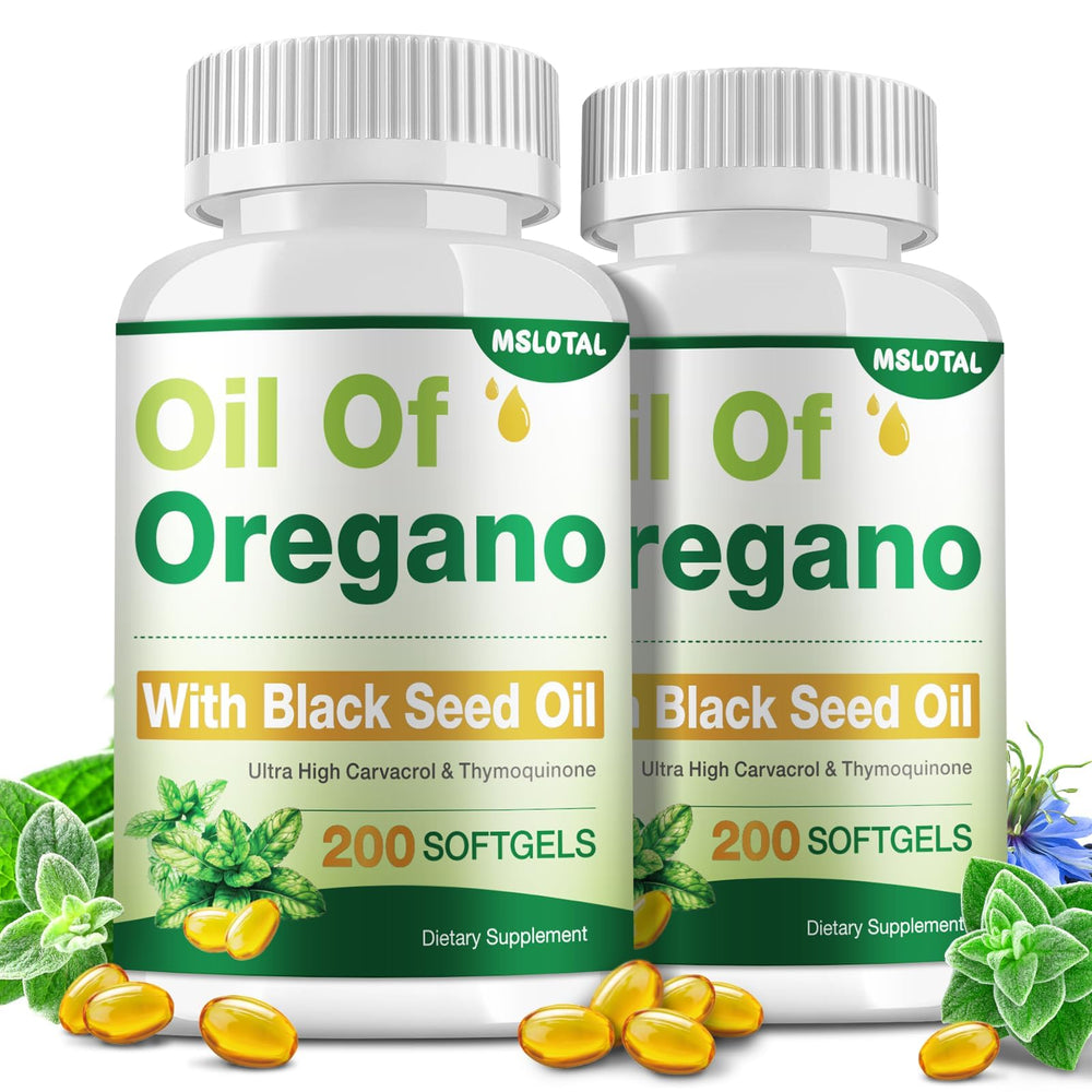 MSLOTAL oregano oil softgels front view highlighting convenient daily immune and digestive support.