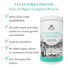 Mt Capra Clean Whole Protein label highlights 20 g per serving for steady nourishment.