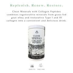 Nutrition panel of Mt. Capra Clean Minerals highlights grass-fed minerals and collagen peptides for wellness.