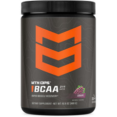 MTN OPS BCAA grape powder tub for gluten-free recovery after workouts.