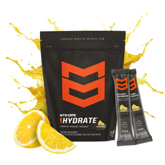 MTN OPS Hydrate powder dissolving in water to create a refreshing lemonade drink.