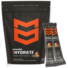MTN OPS Hydrate rainbow sherbet powder packets ready for quick hydration during workouts.