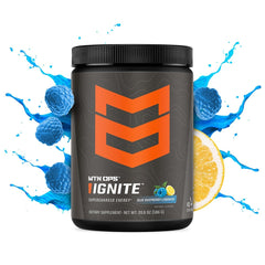 MTN OPS Ignite blue raspberry lemonade powder beside glass for refreshing focus