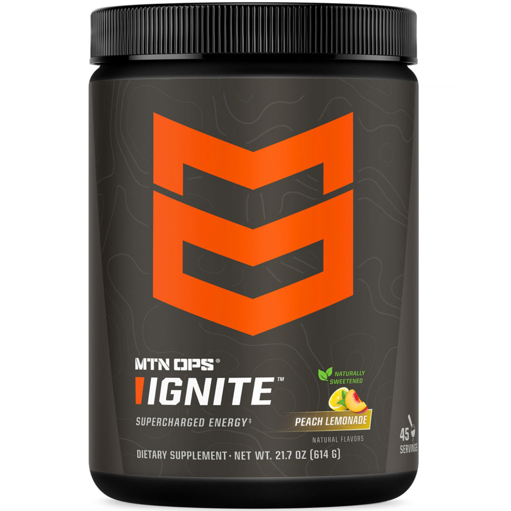 MTN OPS Ignite energy powder bottle shown for a clean energy boost in the morning