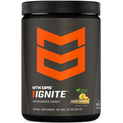 MTN OPS Ignite energy powder bottle shown for a clean energy boost in the morning