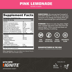 MTN OPS Ignite gluten-free formula close-up showing amino acids and caffeine