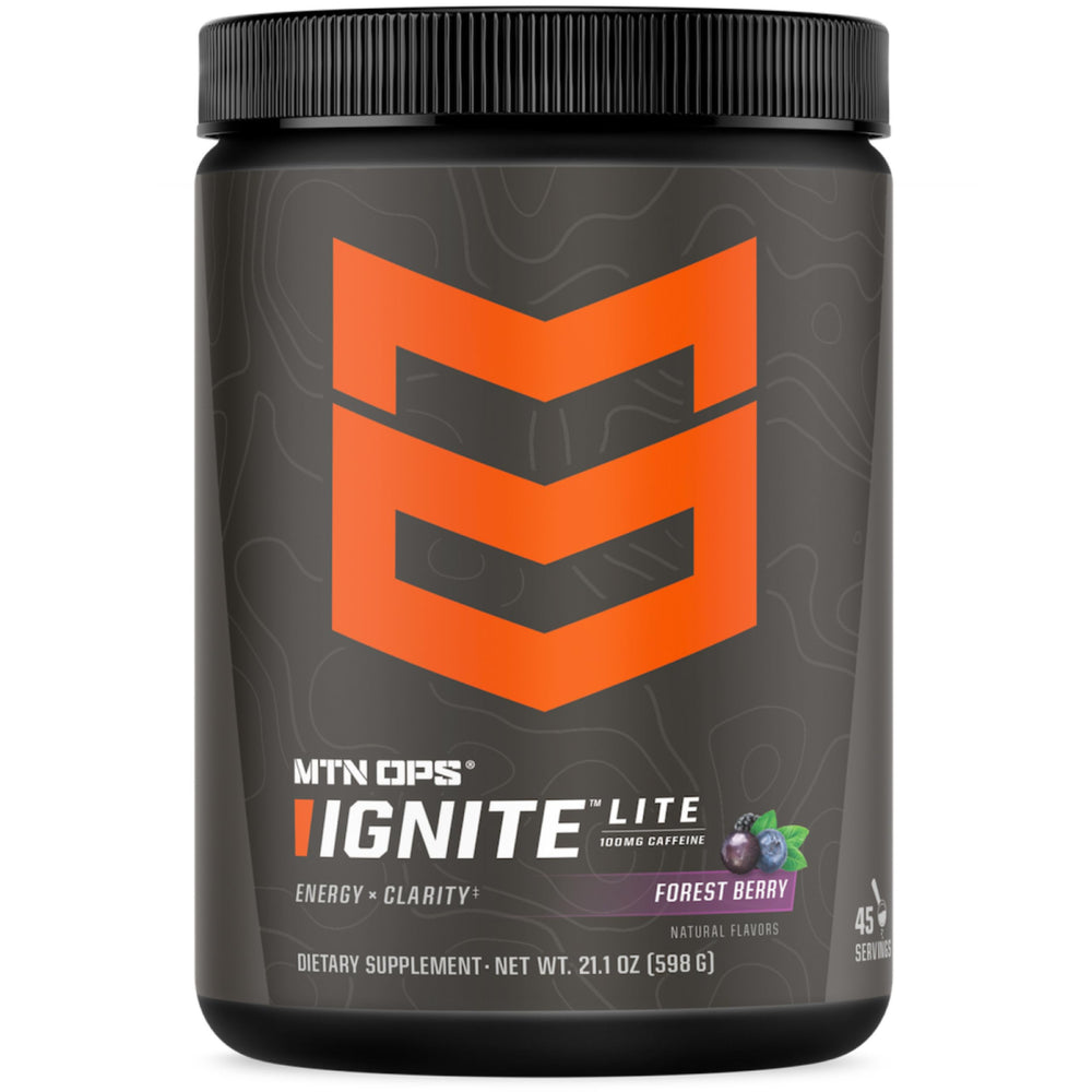 MTN OPS Ignite Lite forest berry tub front showing gluten-free, zero-sugar formula