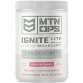 MTN OPS Ignite Lite powder tub close-up highlighting ingredients for a clean energy boost
