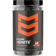 MTN OPS Ignite label shows Tiger's Blood flavor and gluten-free formula.
