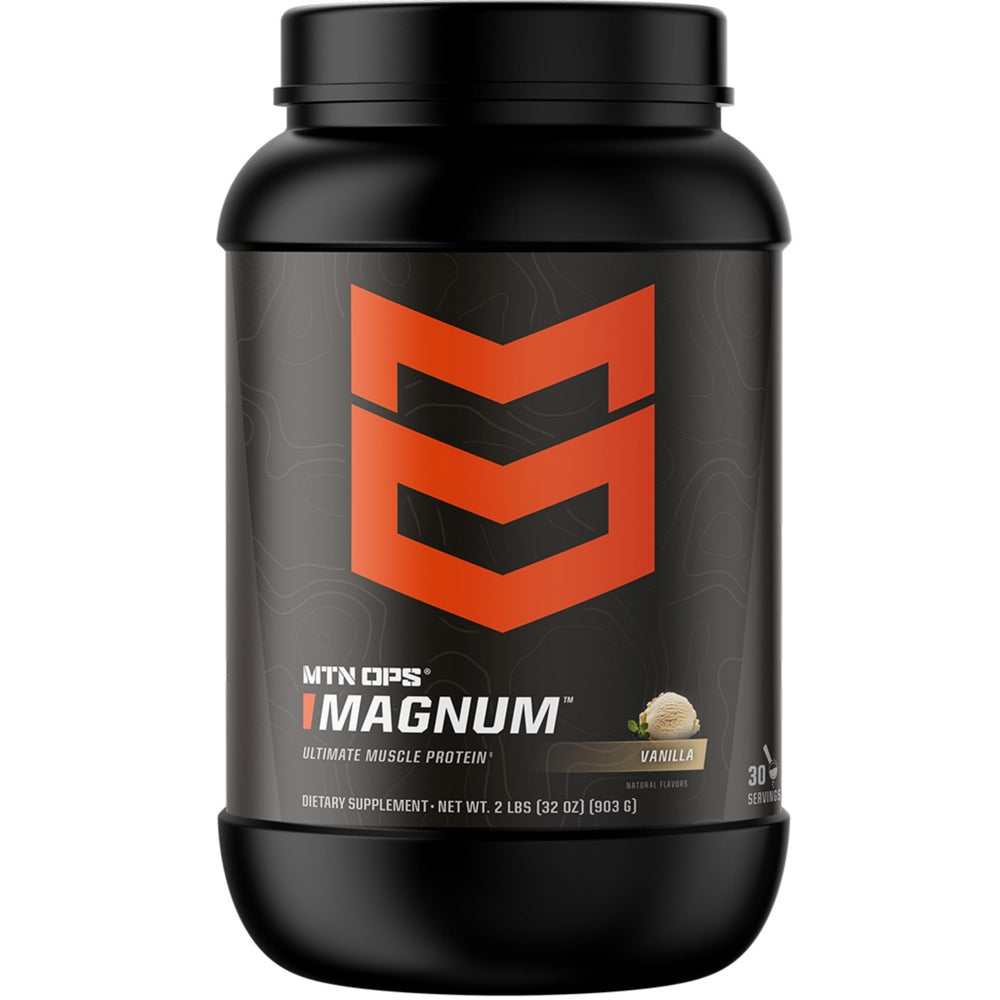 MTN OPS Magnum Vanilla protein tub front highlights lean muscle support
